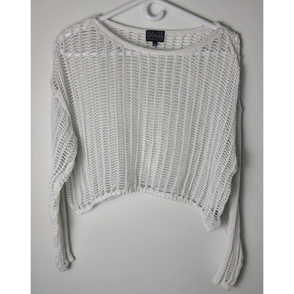 LG Major Label Group White Open Knit Cropped Sweater Boho Sheer Mesh Earthy Y2K